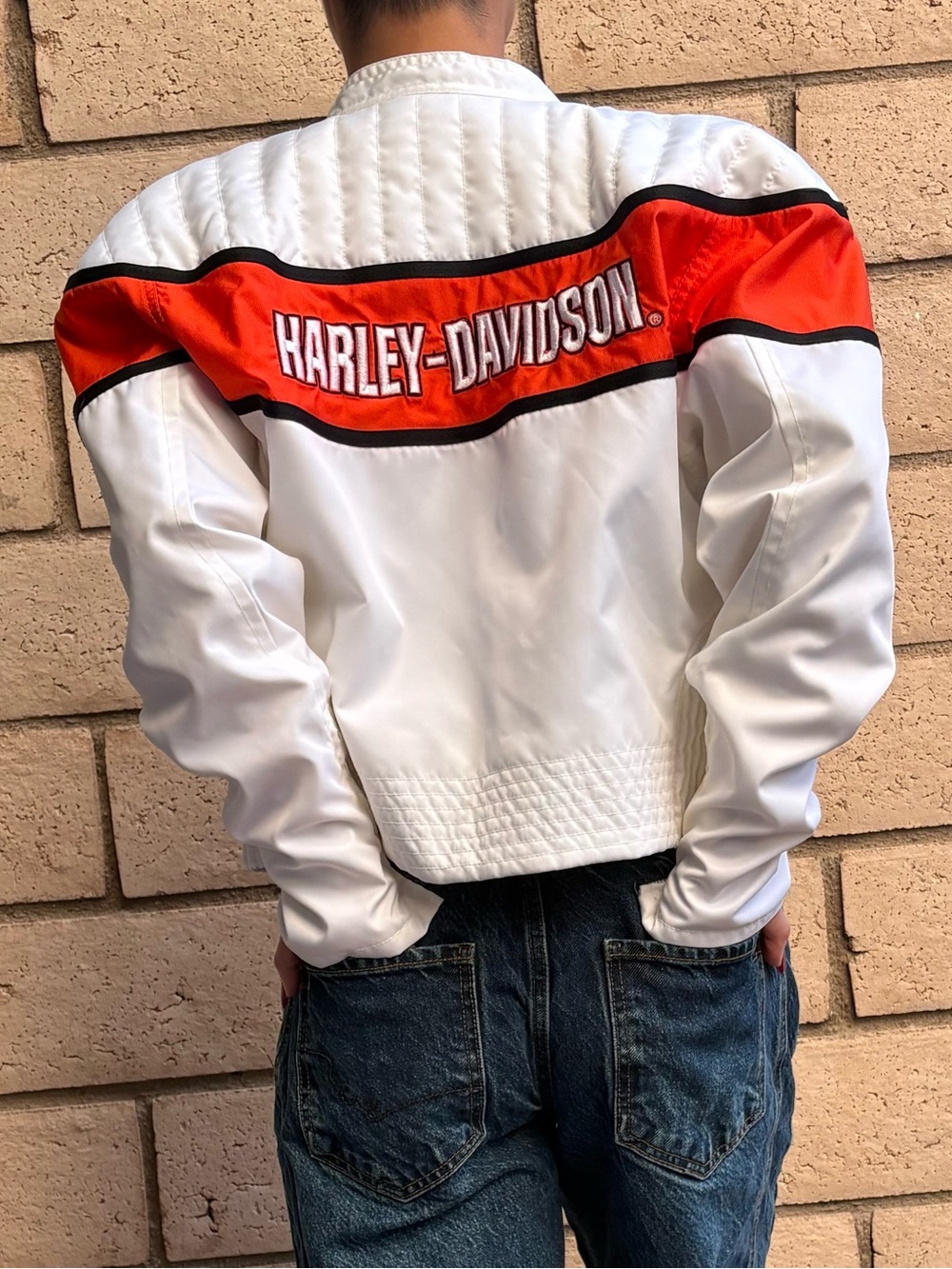 Harley-Davidson Y2K Racing Jacket White Orange Moto Biker Women’s S